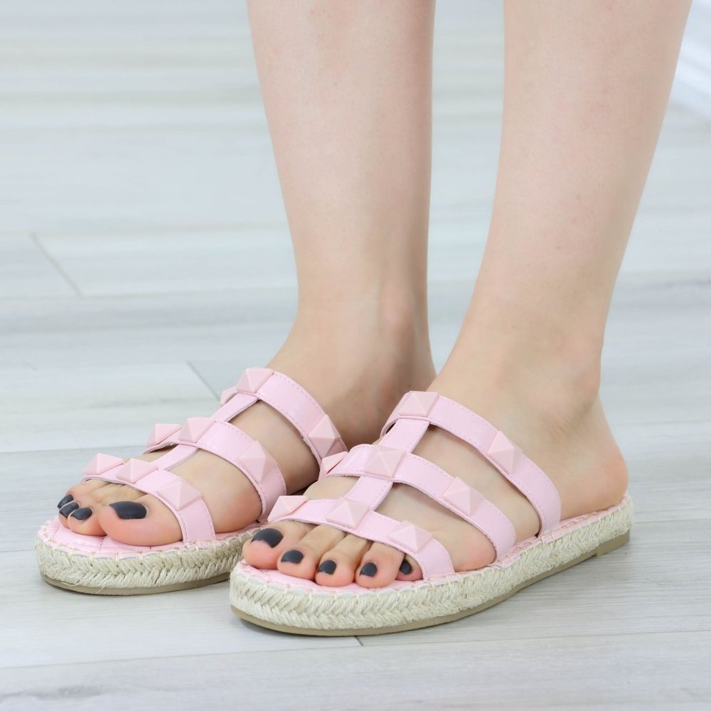 Pink Quilted Pattern Espadrille Trendy Comfy Flat Sandal Slip On Sliders - Picture 3 of 15